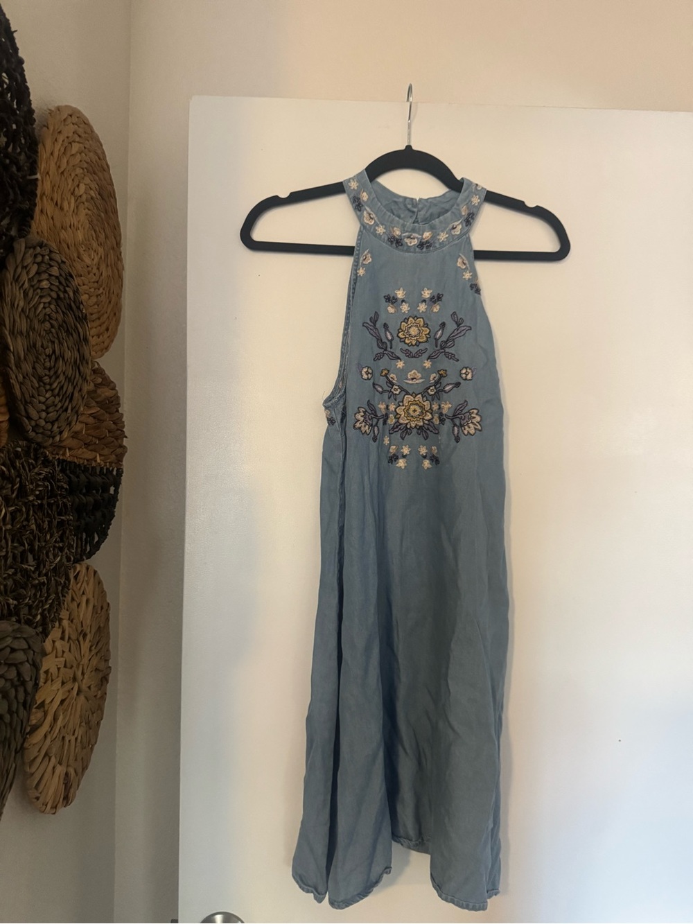 Blue Rain Embroidered Chambray Sleeveless Shift Dress